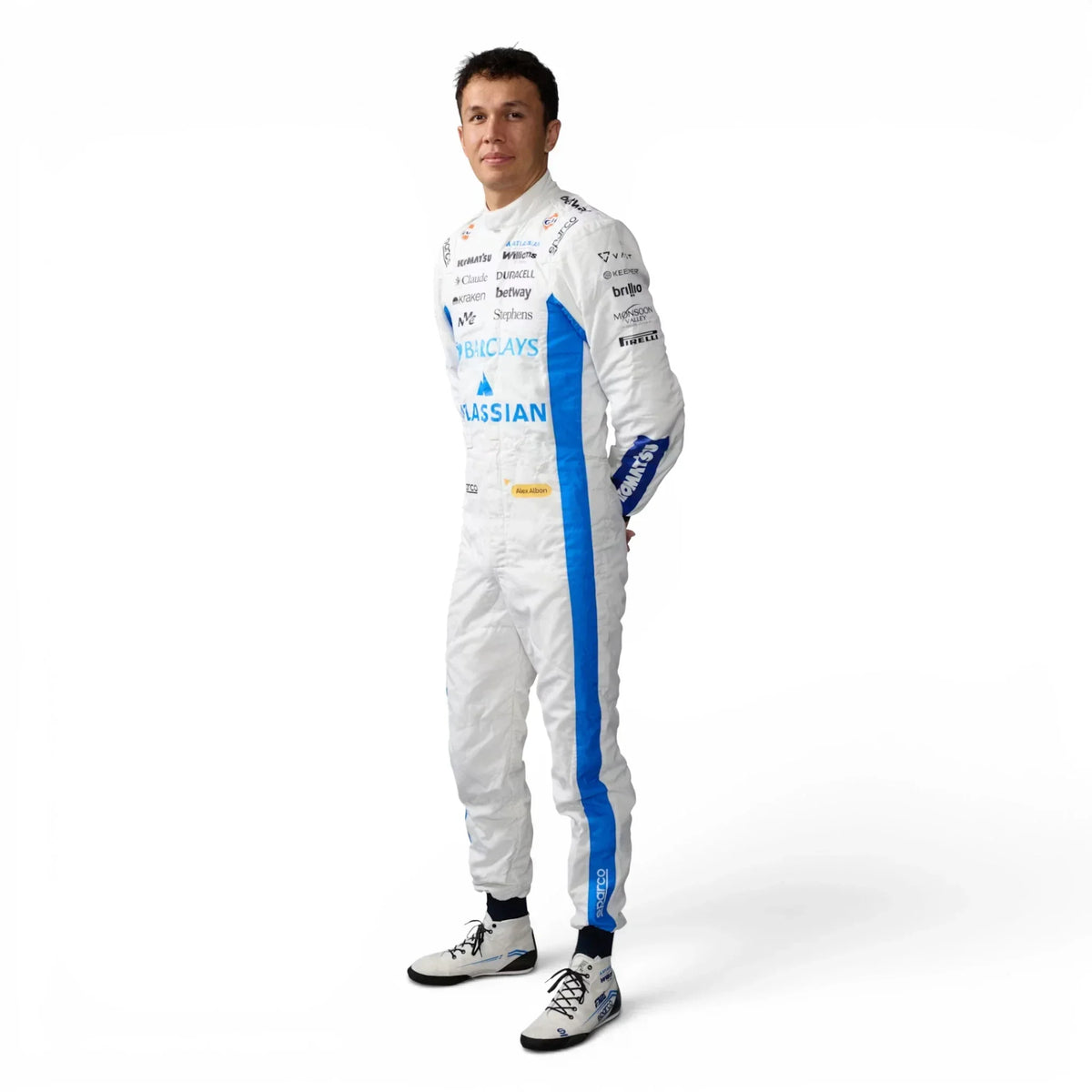 Alexander Albon 2026 Williams F1 Inspired Race Suit in Williams Blue, Front view showing printed sponsor logos, by Active Racegear