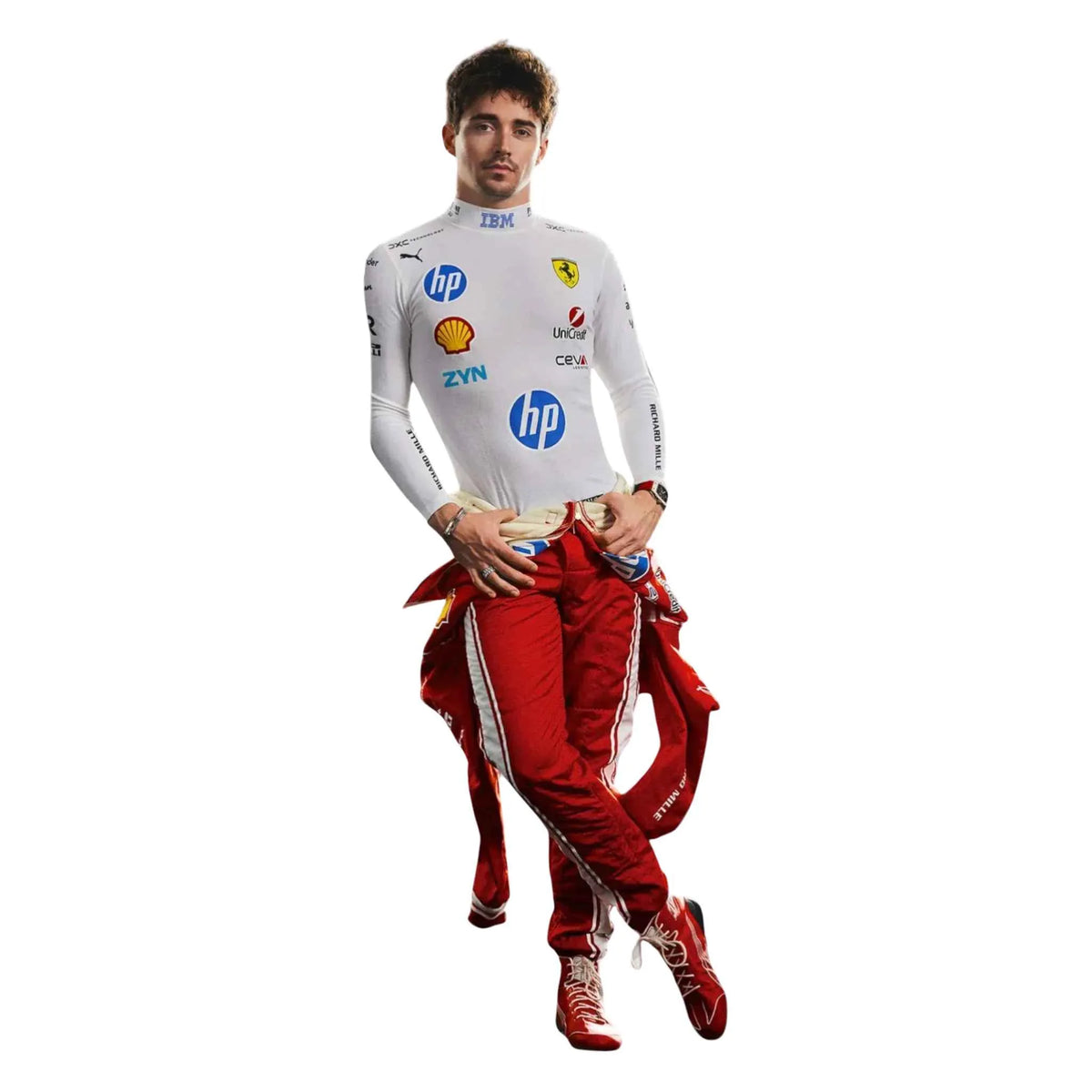 Charles Leclerc 2026 Ferrari F1 Inspired Race Suit in Ferrari Red, Back view showing printed sponsor logos, by Active Racegear