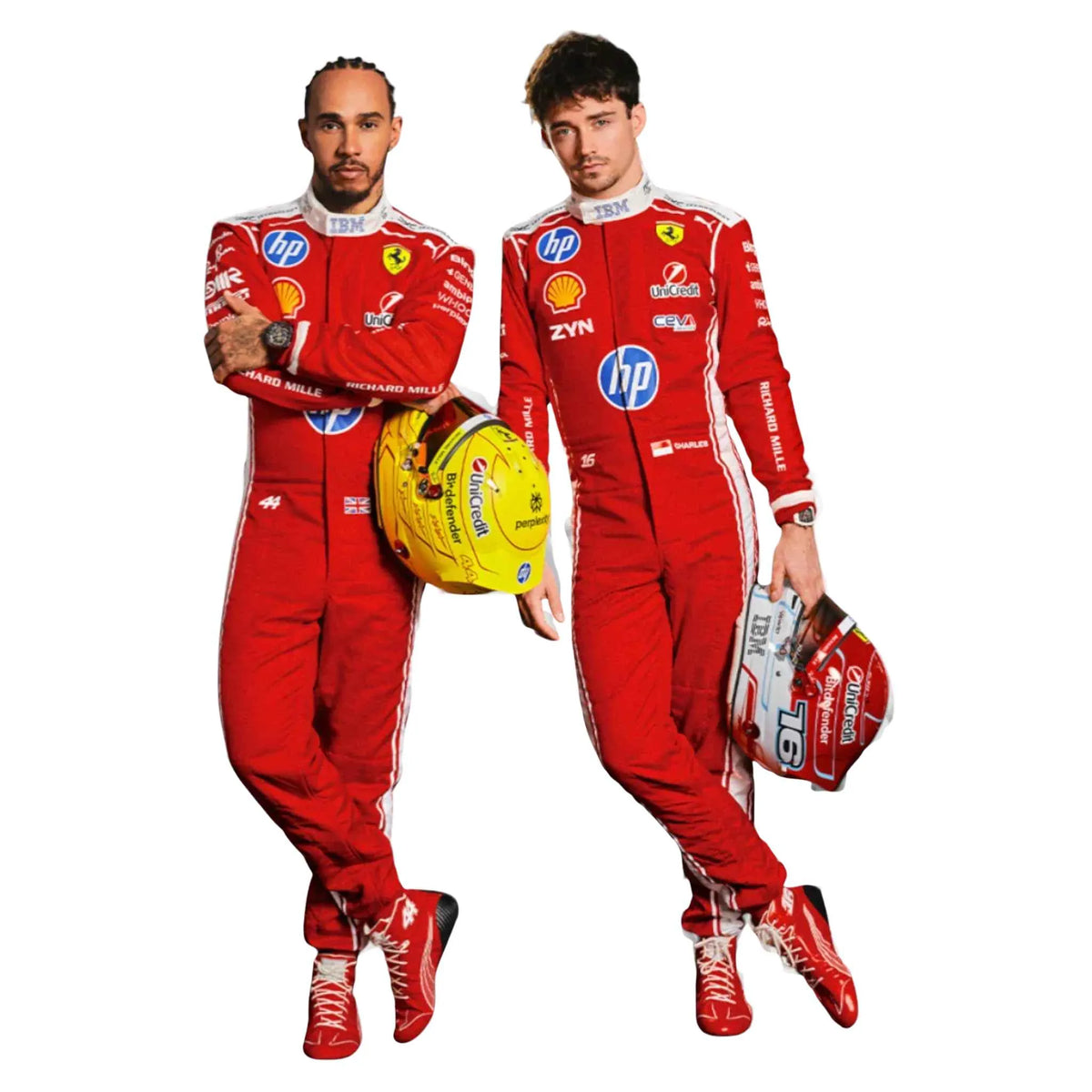 Charles Leclerc 2026 Ferrari F1 Inspired Race Suit in Ferrari Red, Front view showing printed sponsor logos, by Active Racegear
