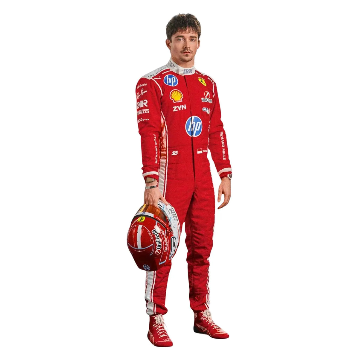 Charles Leclerc 2026 Ferrari F1 Inspired Race Suit in Ferrari Red, Side view showing printed sponsor logos, by Active Racegear