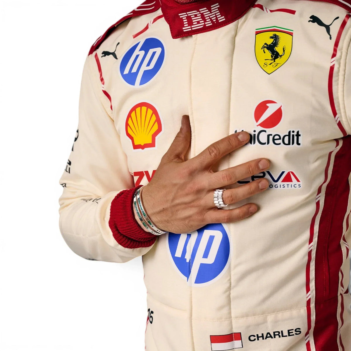 Charles Leclerc 2026 Monaco Grand Prix Ferrari F1 Inspired Race Suit in Ferrari Red, Side view showing printed sponsor logos, by Active Racegear