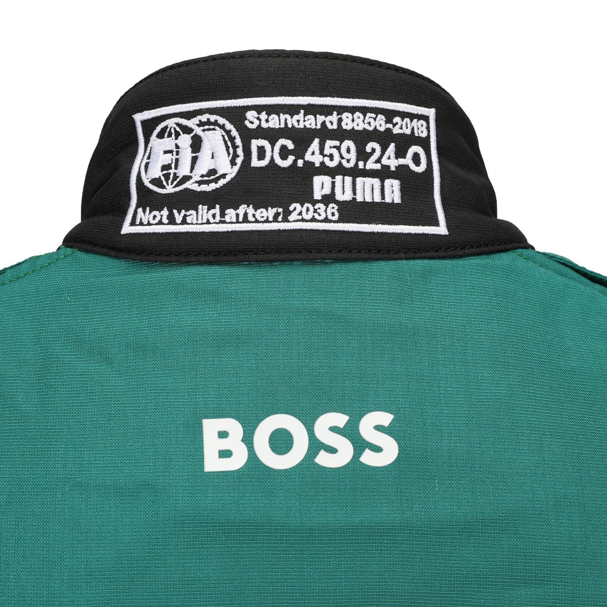  FIA and Puma collar label on Fernando Alonso’s 2026 Aston Martin F1 race suit – Active Racegear.