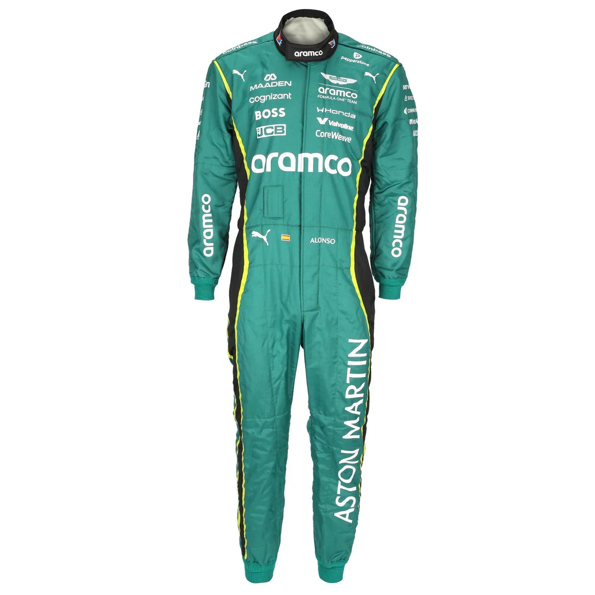Front view of Fernando Alonso’s green 2026 Aston Martin Aramco F1 race suit – Active Racegear.