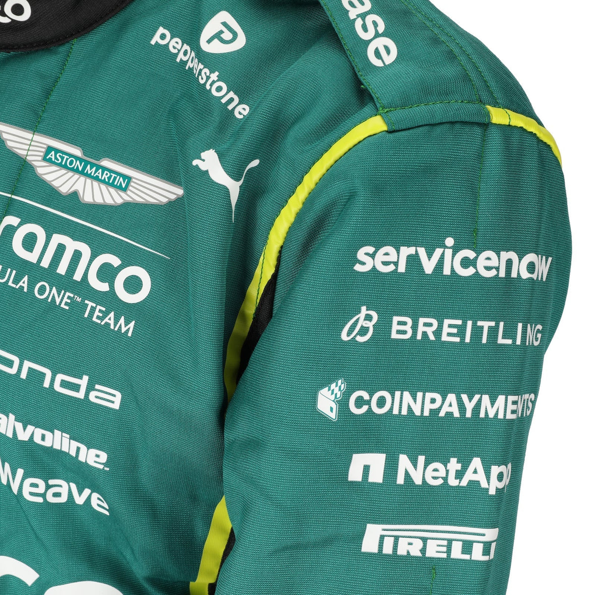 Aston Martin, Puma and sleeve sponsor details on Fernando Alonso’s 2026 F1 race suit – Active Racegear.