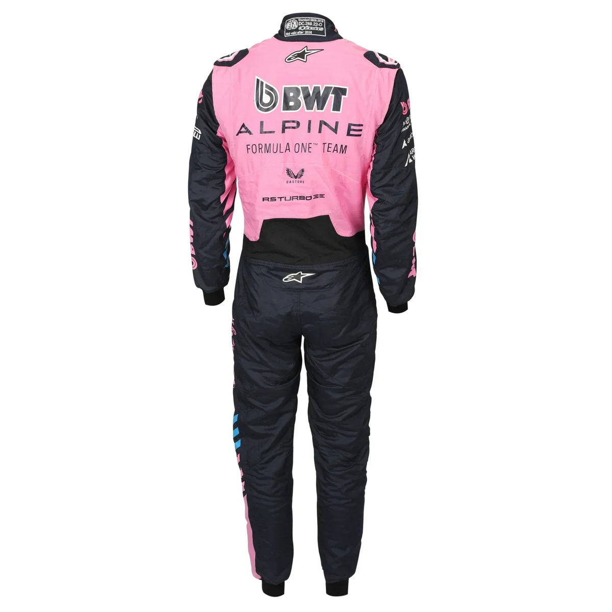 Back view of Franco Colapinto’s 2026 BWT Alpine F1 race suit in pink and navy – Active Racegear.