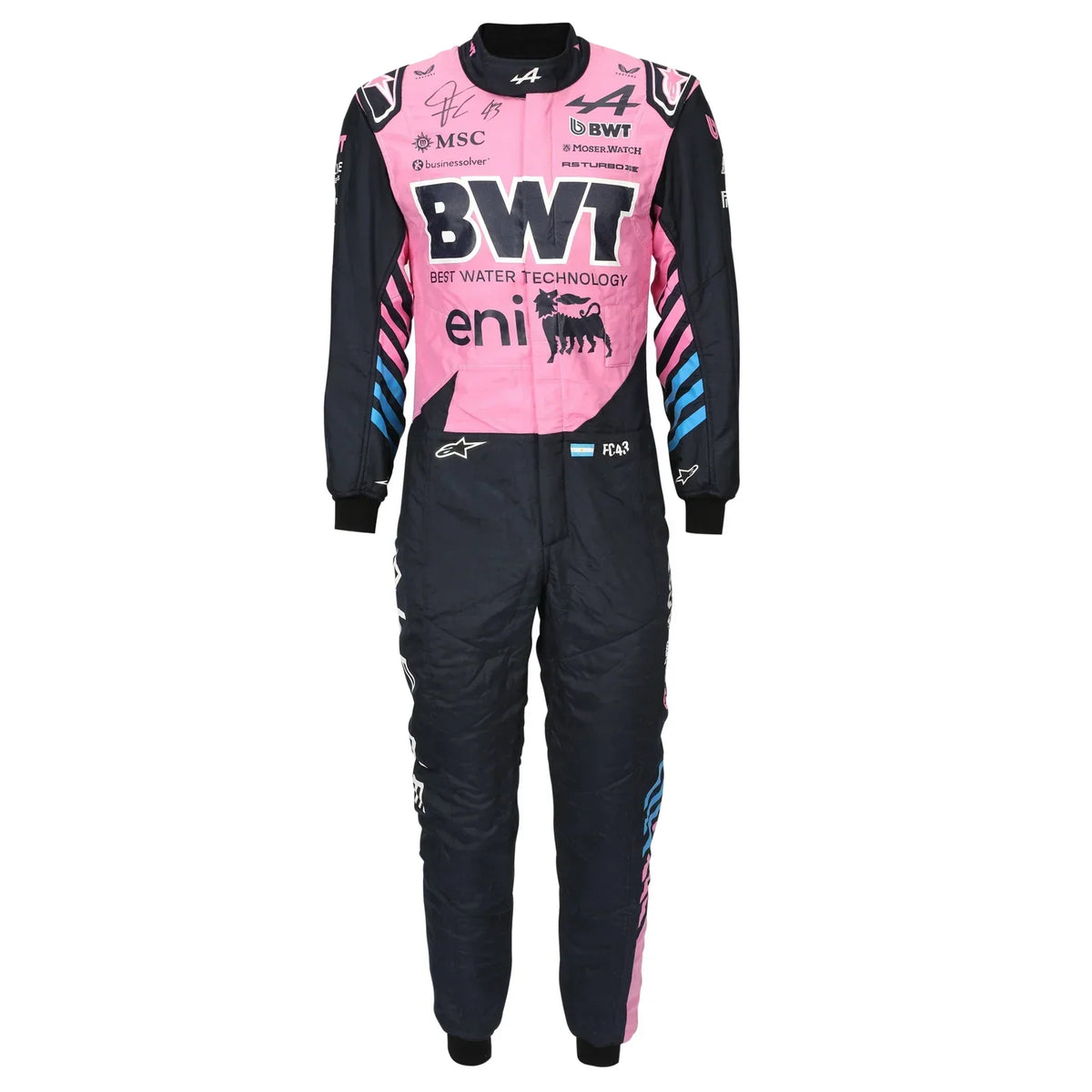 Front view of Franco Colapinto’s signed 2026 pink BWT Alpine F1 race suit – Active Racegear.