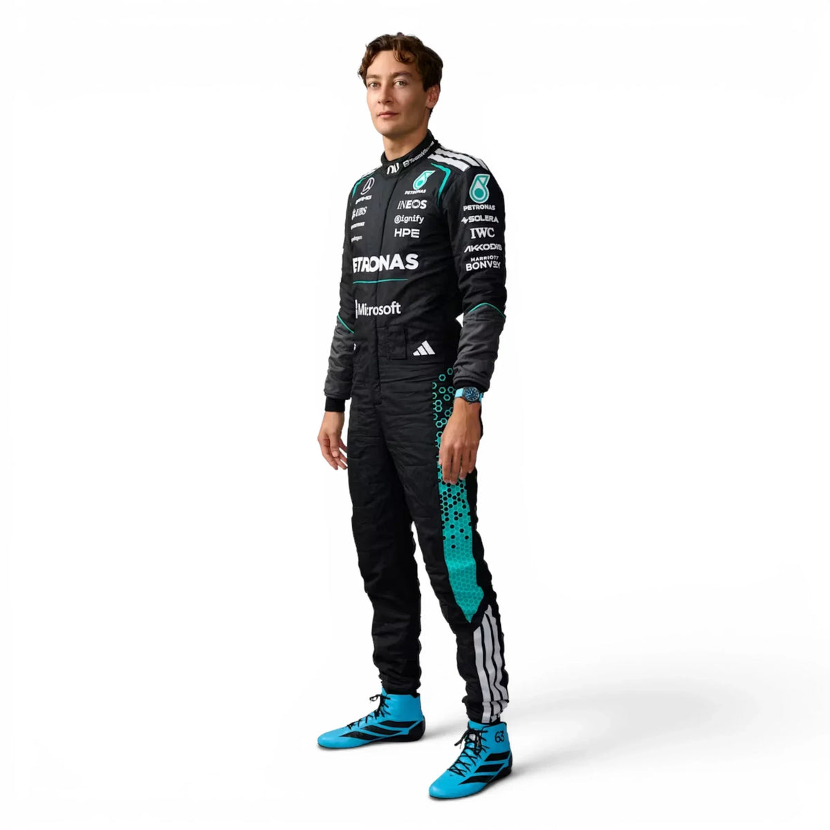 George Russell 2026 Mercedes F1 Inspired Race Suit in Silver, Front view showing printed sponsor logos, by Active Racegear