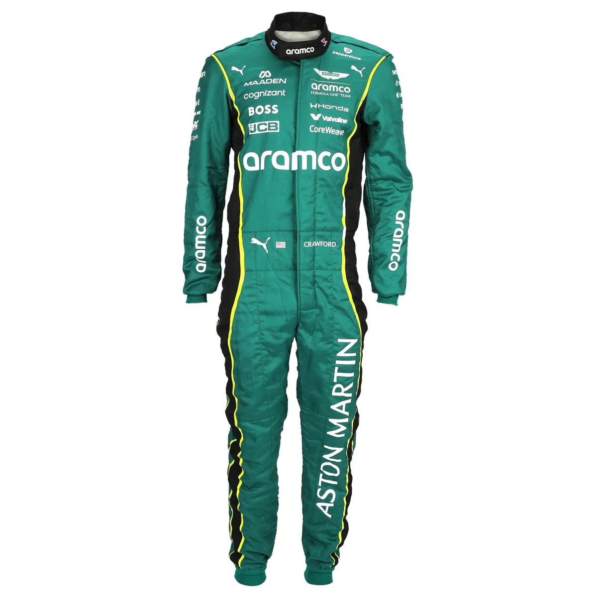 Front view of Jak Crawford’s green 2026 Aston Martin Aramco F1 race suit – Active Racegear.