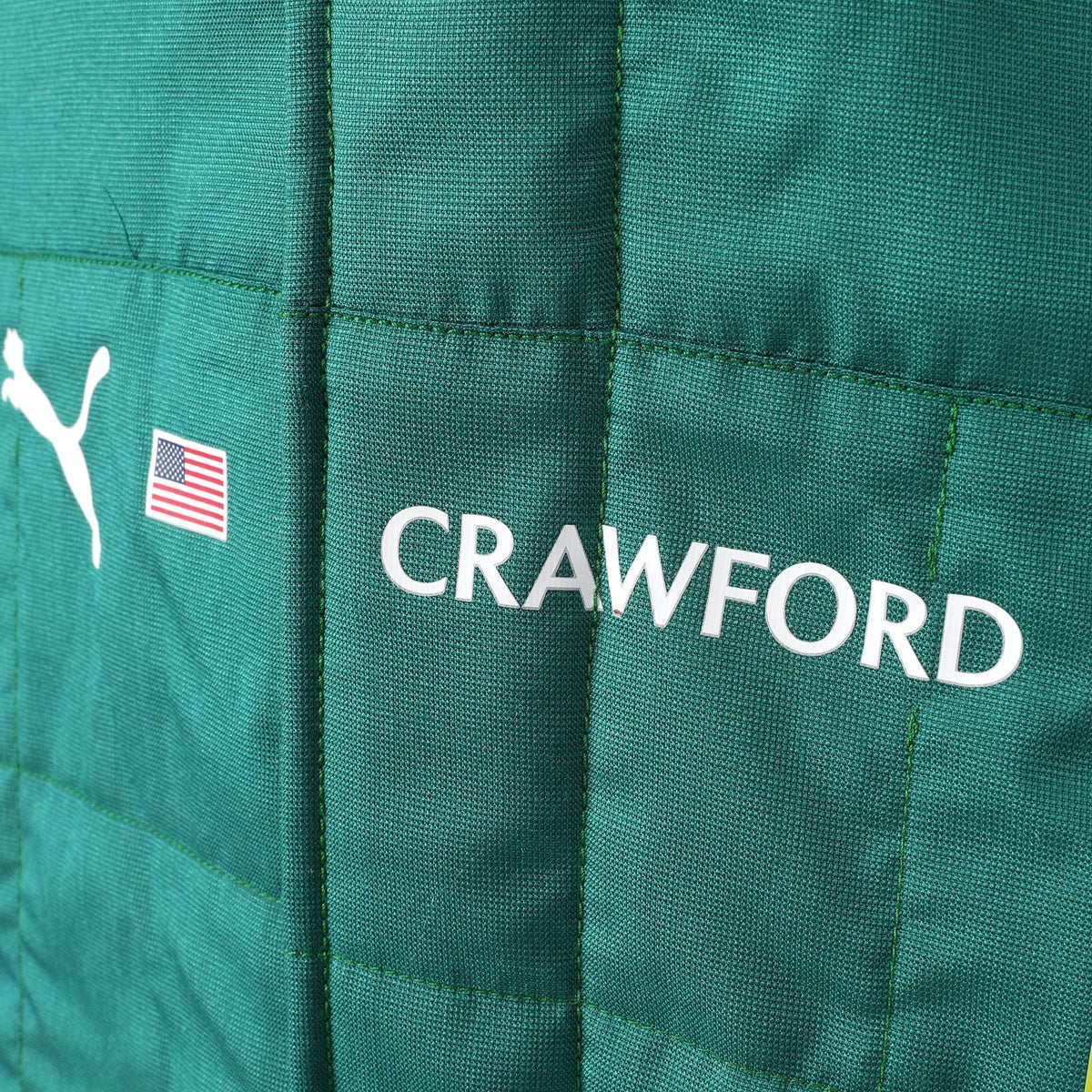 Crawford name and United States flag detail on the 2026 Aston Martin F1 race suit – Active Racegear.