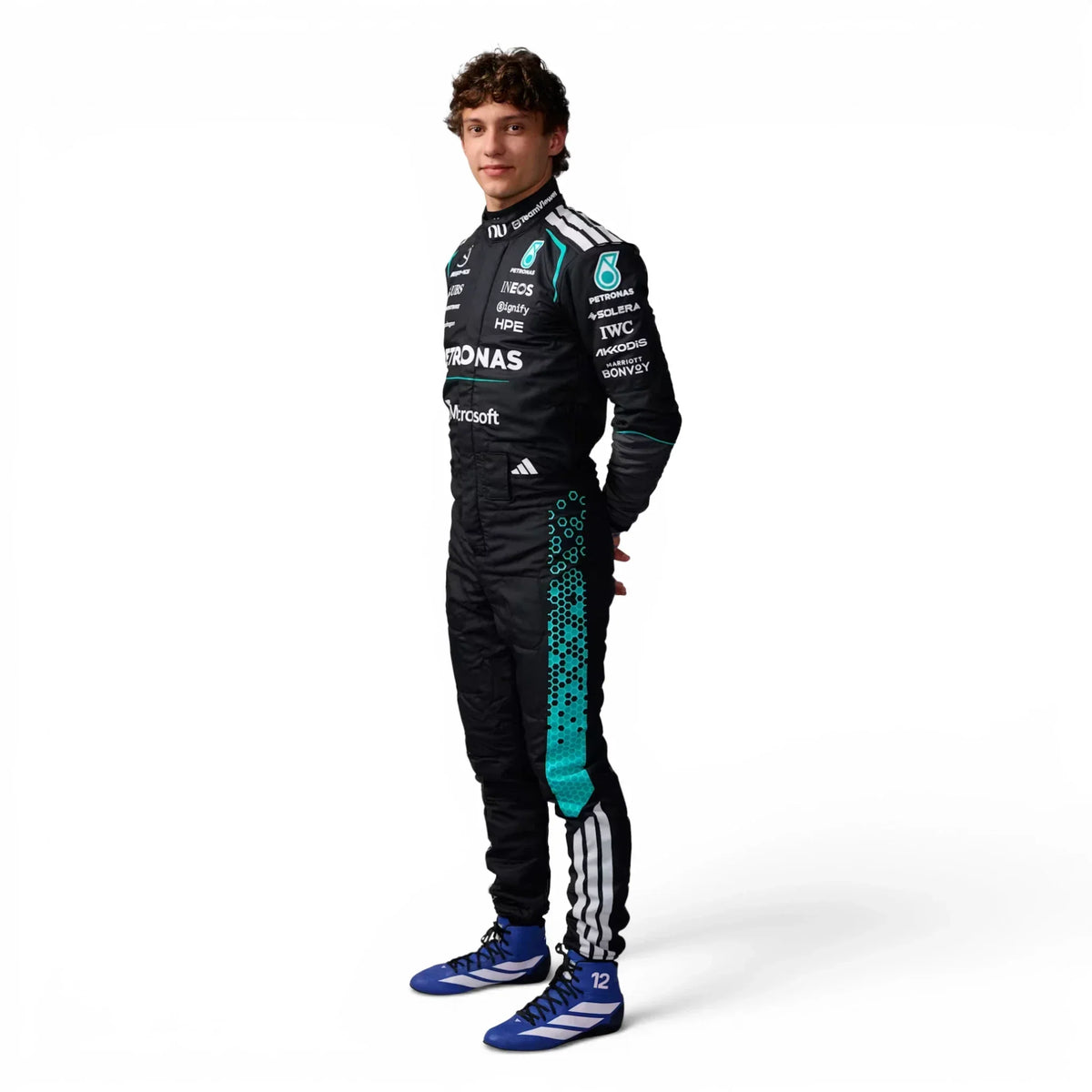 Kimi Antonelli 2026 Mercedes F1 Inspired Race Suit in Silver, Front view showing printed sponsor logos, by Active Racegear