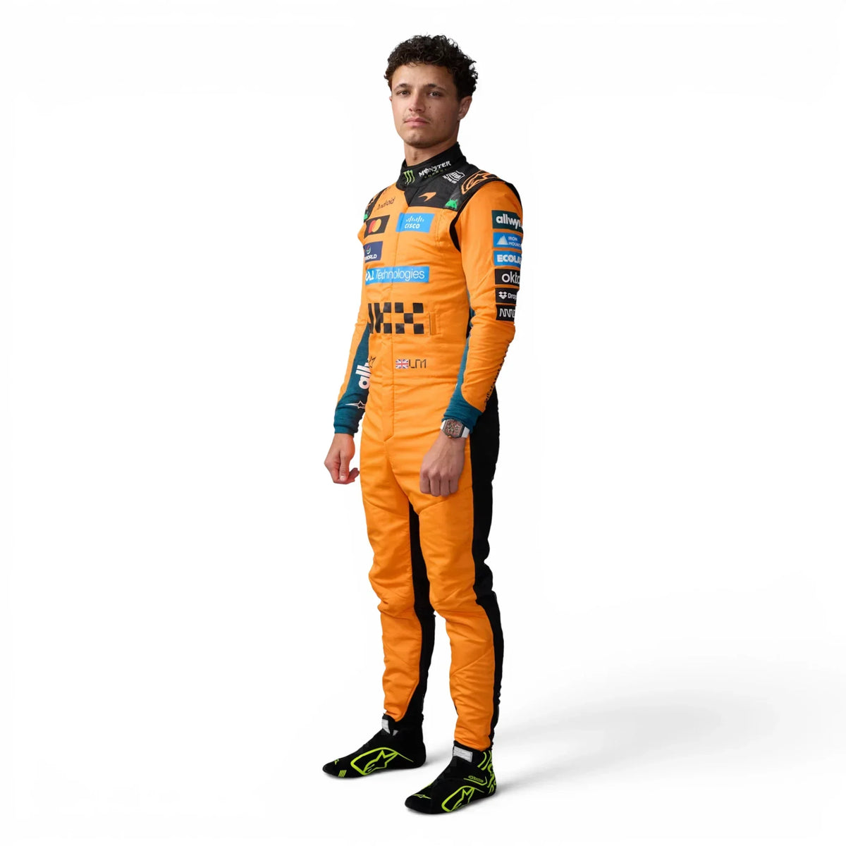 Lando Norris 2026 McLaren F1 Inspired Race Suit in Papaya Orange, Front view showing printed sponsor logos, by Active Racegear