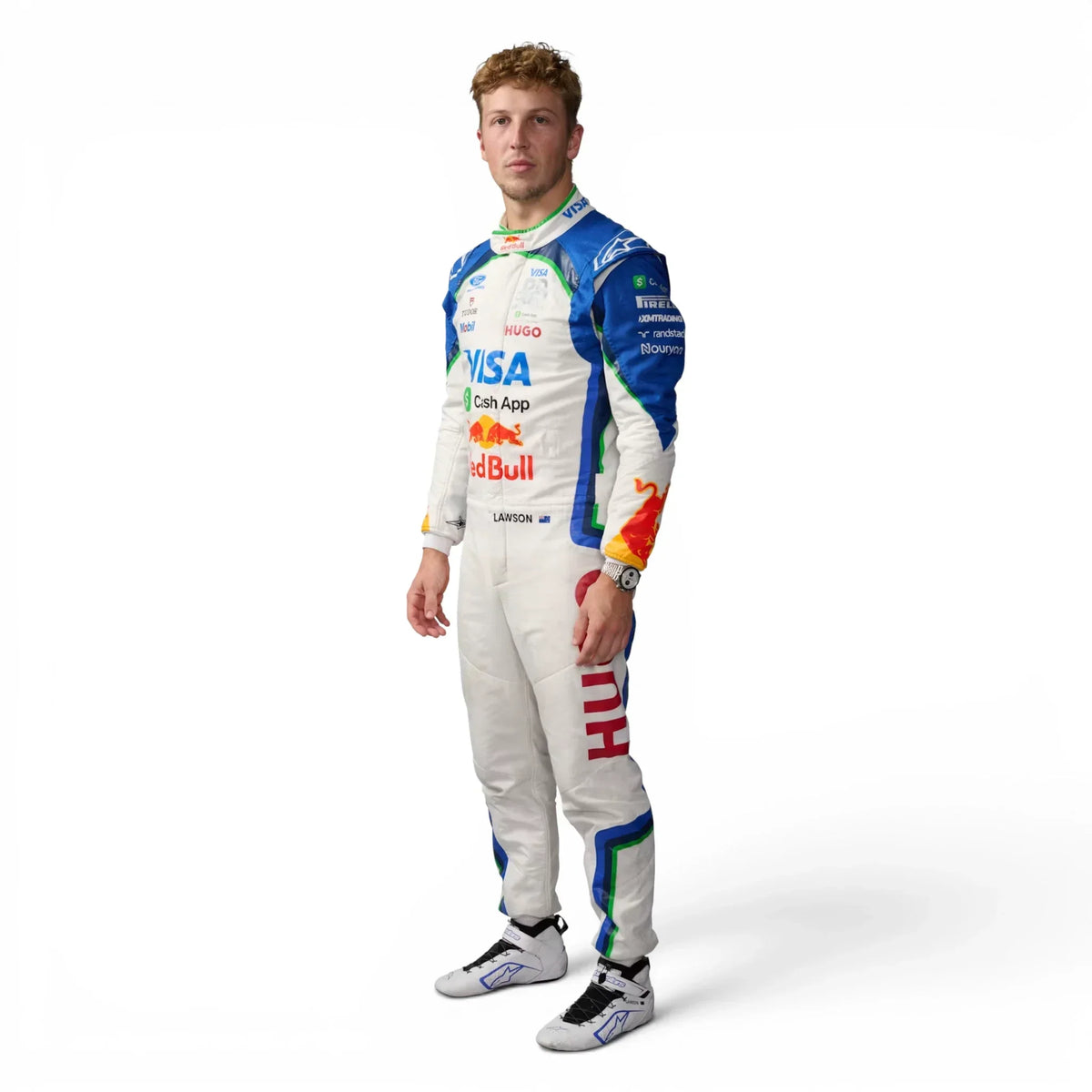 Liam Lawson 2026 Red Bull Racing F1 Inspired Race Suit in Navy Blue, Front view showing printed sponsor logos, by Active Racegear