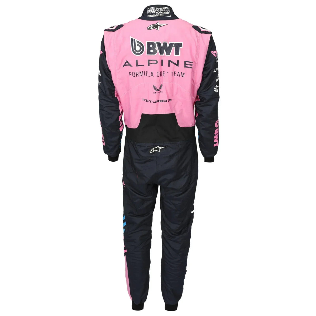 Back view of Pierre Gasly’s 2026 BWT Alpine F1 race suit in pink and navy – Active Racegear.