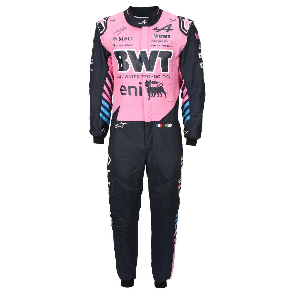 Front view of Pierre Gasly’s signed 2026 pink BWT Alpine F1 race suit – Active Racegear.